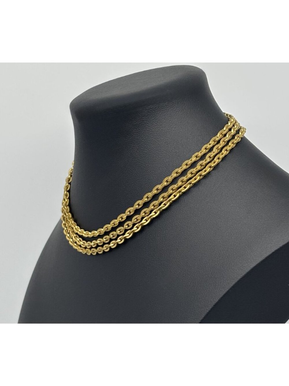 Vintage Triple Strand Choker Gold Plated Textured Brass Links Embossed Box Clasp - Picture 3 of 14